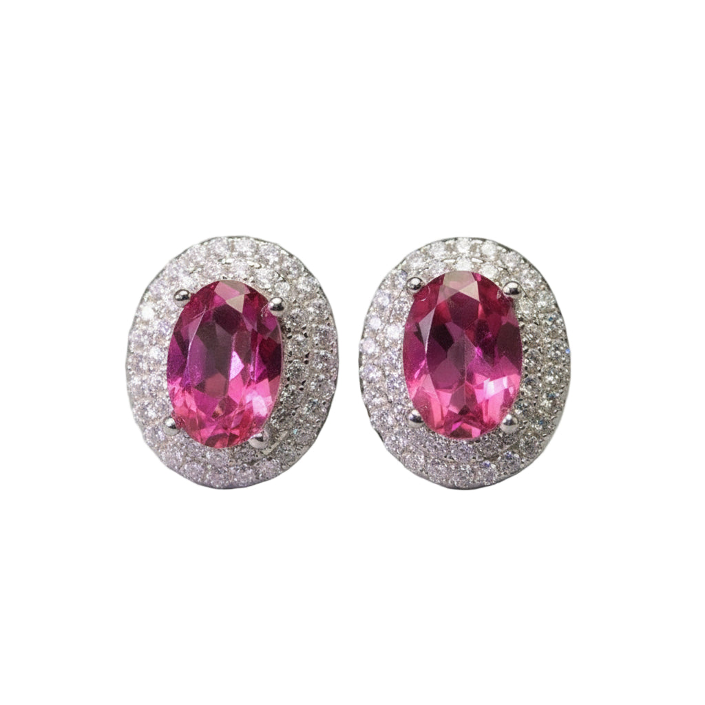 Pendientes con halo de diamantes y topacio rosa