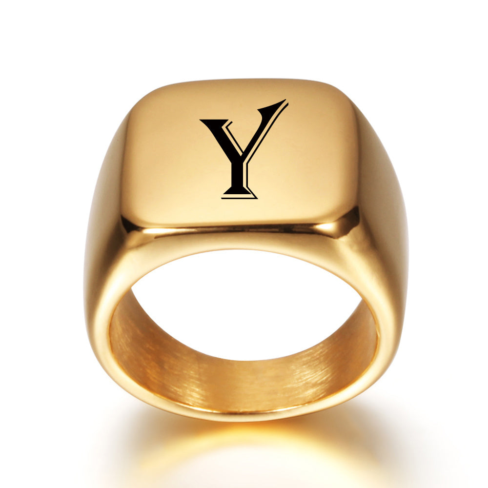 Titanium Gold Tone High Polished Initial Signet Ring
