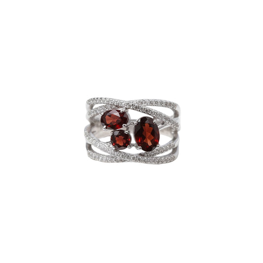 S925 Criss-Cross Design Red Garnet Ring