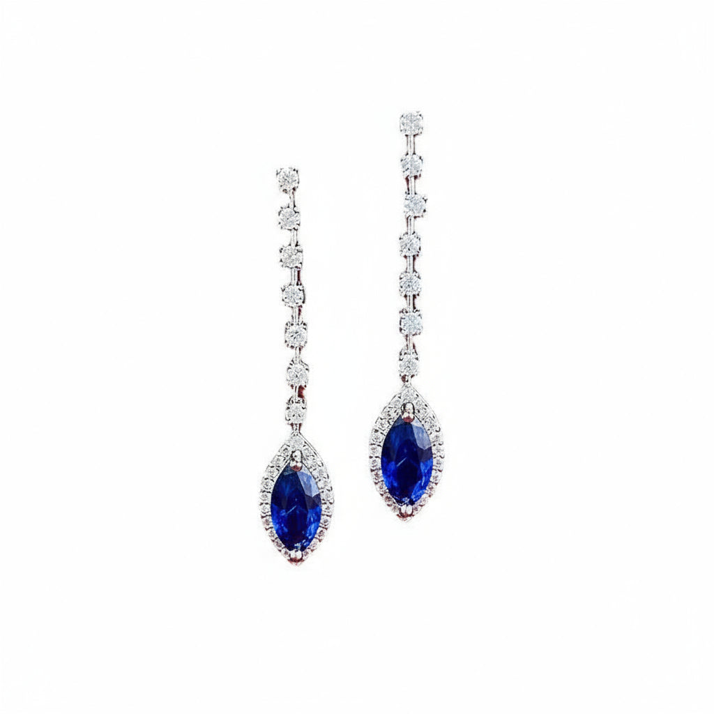 Pear-Cut Blue Sapphire Halo Diamond Drop Earrings