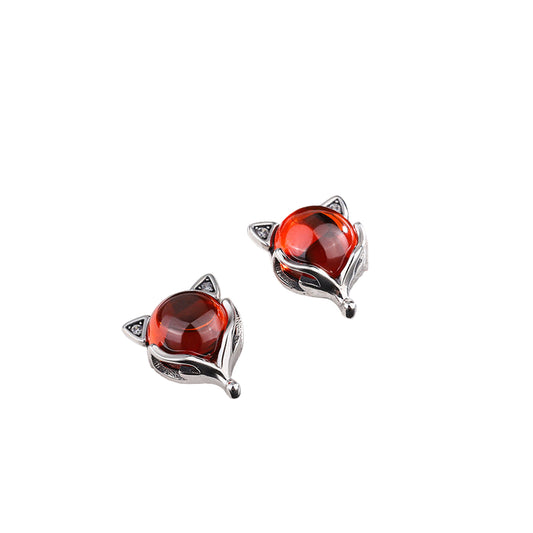 S925 Fox Head Red Garnet Earrings