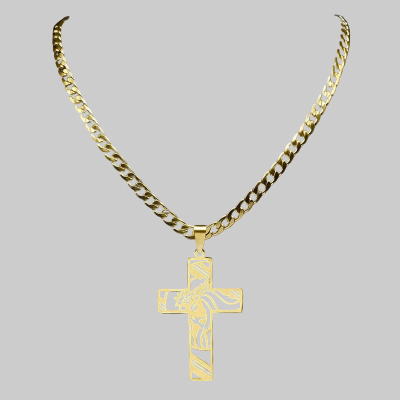 18K Gold Crucifix Pendant Necklace - Cuban Link Chain