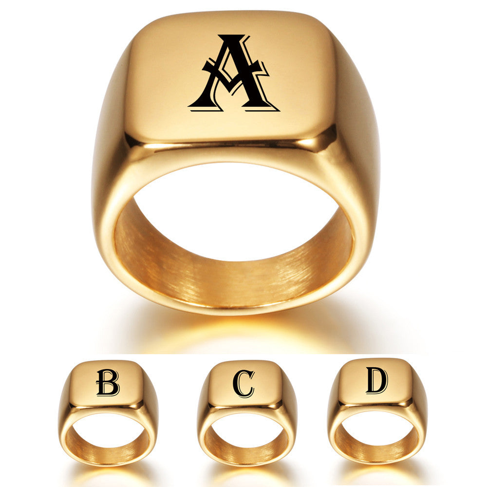 Titanium Gold Tone High Polished Initial Signet Ring