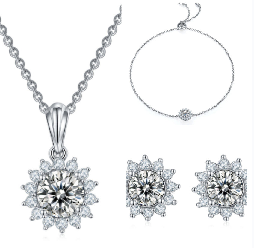 925 Silver Moissanite Sun Flower Bracelet, Earrings, Necklace or Set
