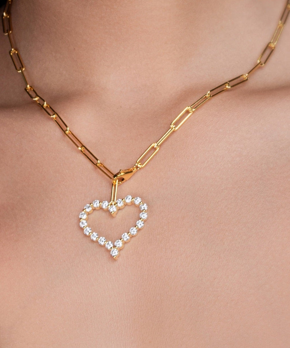 24K Gold Paperclip Moissanite Heart Necklace