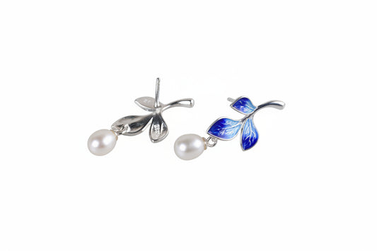 Blue Enamel Leaf Freshwater Pearl Drop Stud Earrings