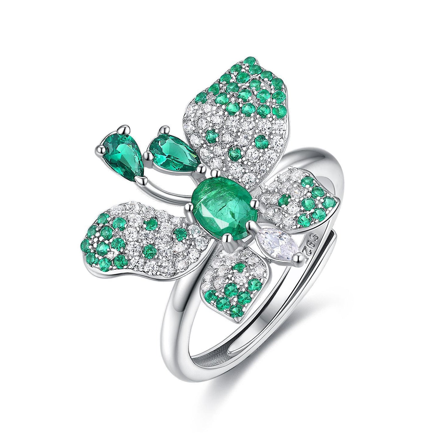 925 Silver Natural Emerald Butterfly Ring