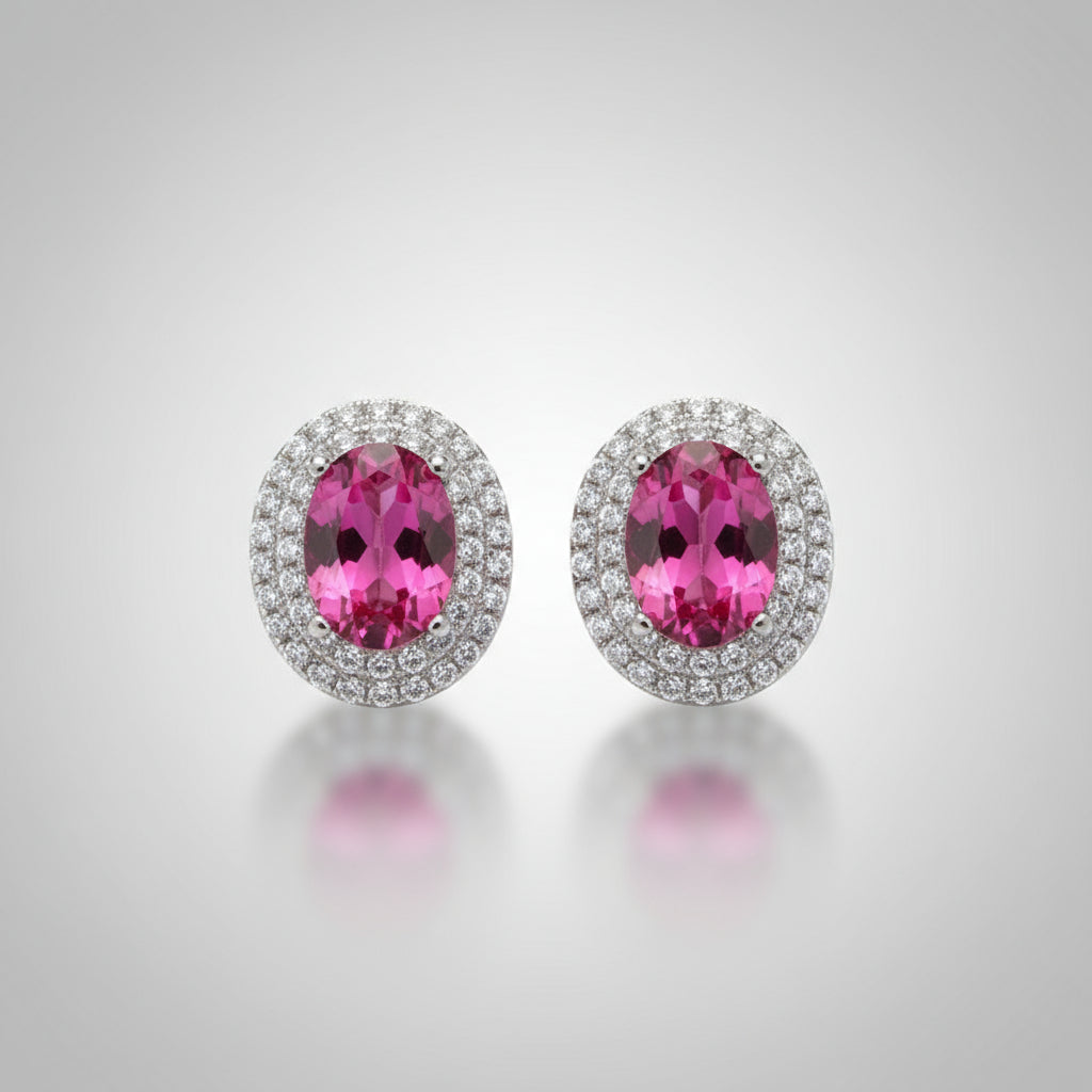 Pink Topaz Diamond Halo Earrings