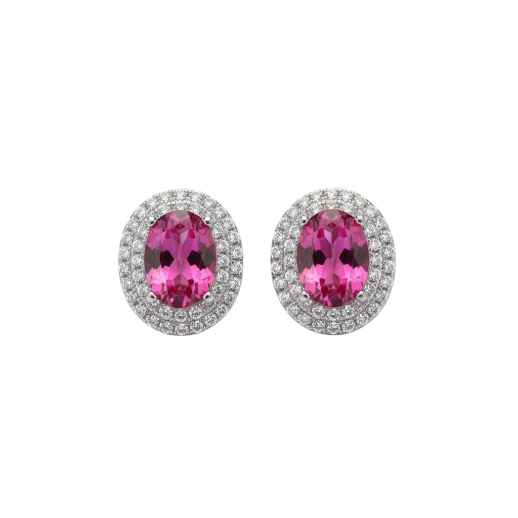 Pendientes con halo de diamantes y topacio rosa
