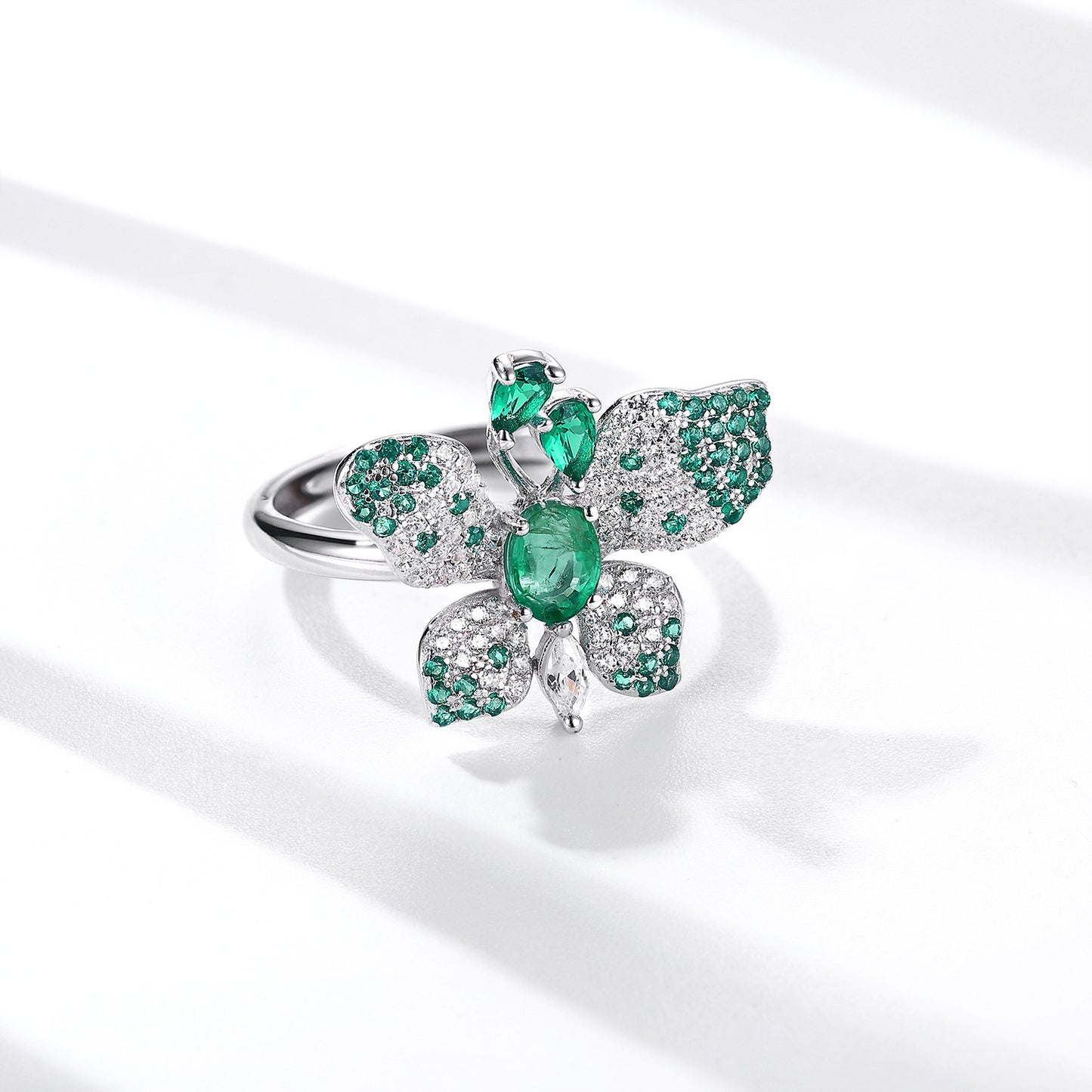 925 Silver Natural Emerald Butterfly Ring