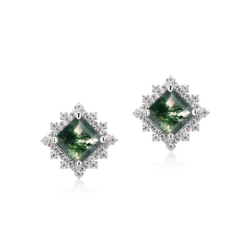 Diamond Halo Square Moss Agate Stud Earrings