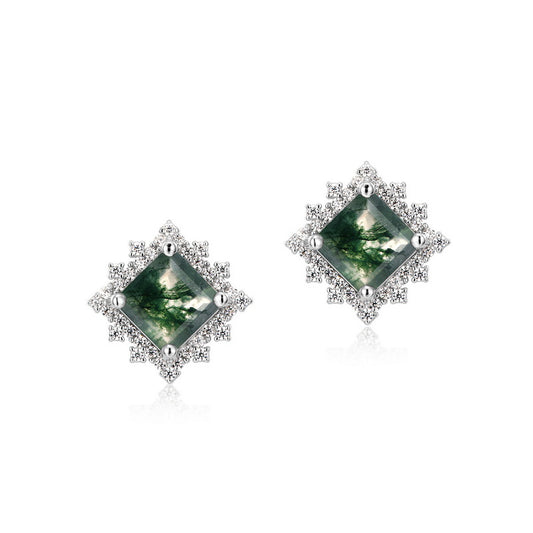 S925 Diamond Halo Square Moss Agate Stud Earrings