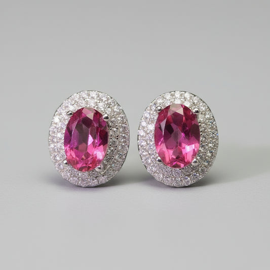 Pink Topaz Diamond Halo Earrings