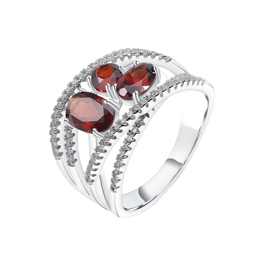 S925 Criss-Cross Design Red Garnet Ring