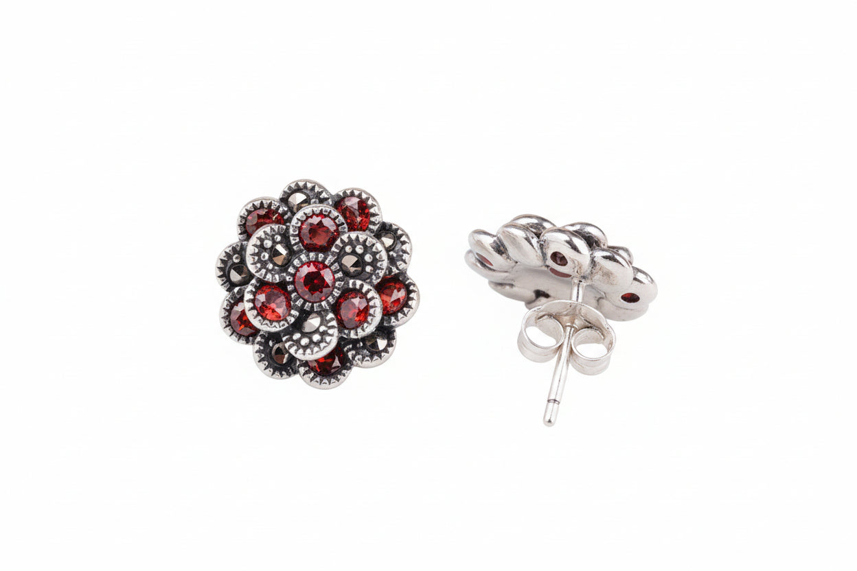 Red Zircon Marcasite Flower Earrings