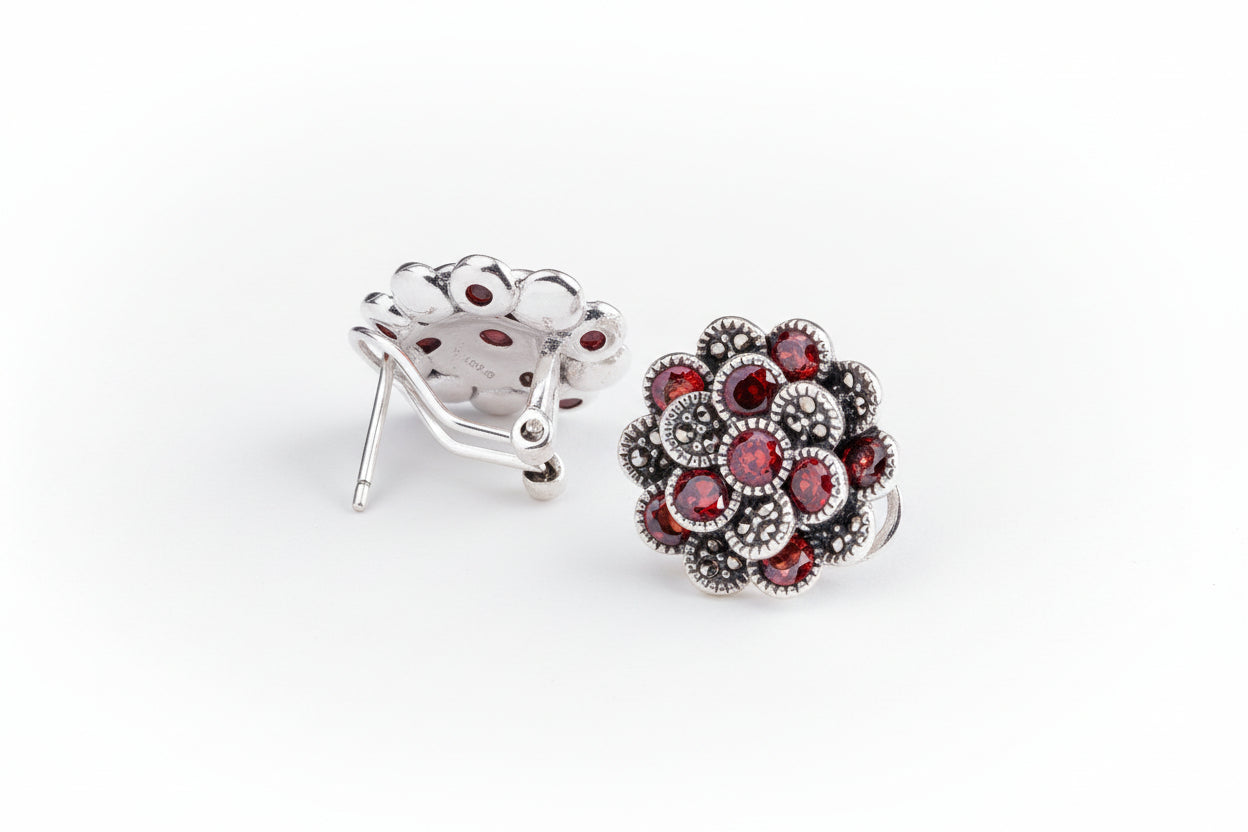 Red Zircon Marcasite Flower Earrings