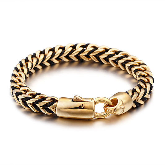 Titanium Steel Men's: Black Leather & Gold Tone Bracelet