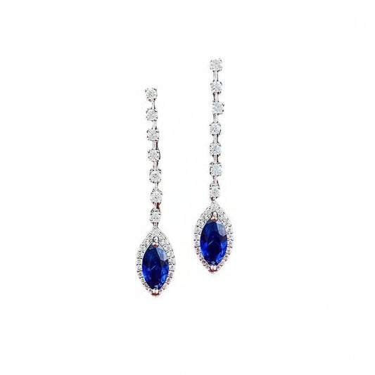 Pear-Cut Blue Sapphire Halo Diamond Drop Earrings