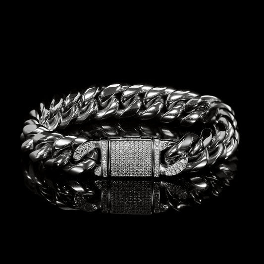 Titanium Steel 12 mm Cuban Bracelet with Inlaid Artificial Gemstones