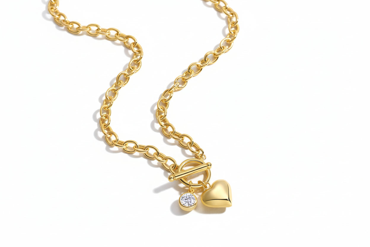 24K Gold Moissanite Heart Toggle Clasp Chunky Link Necklace