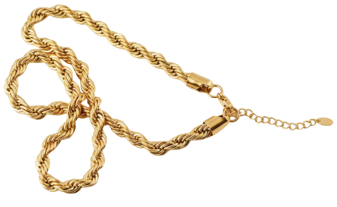 Gold rope chain necklace on a white background