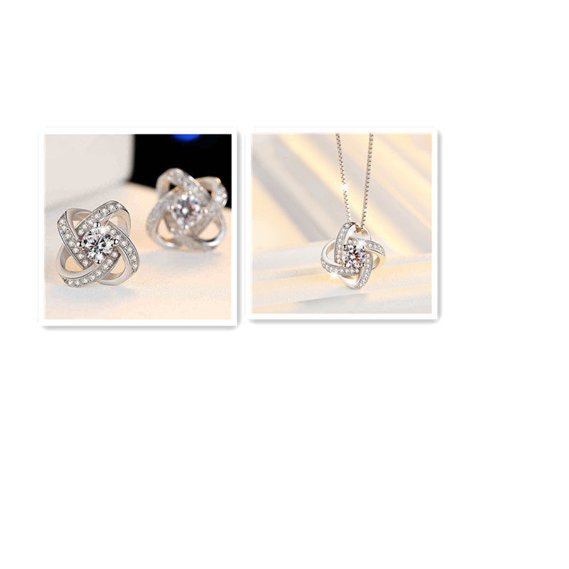 Silver Clover Necklace &  Stud Earring Set