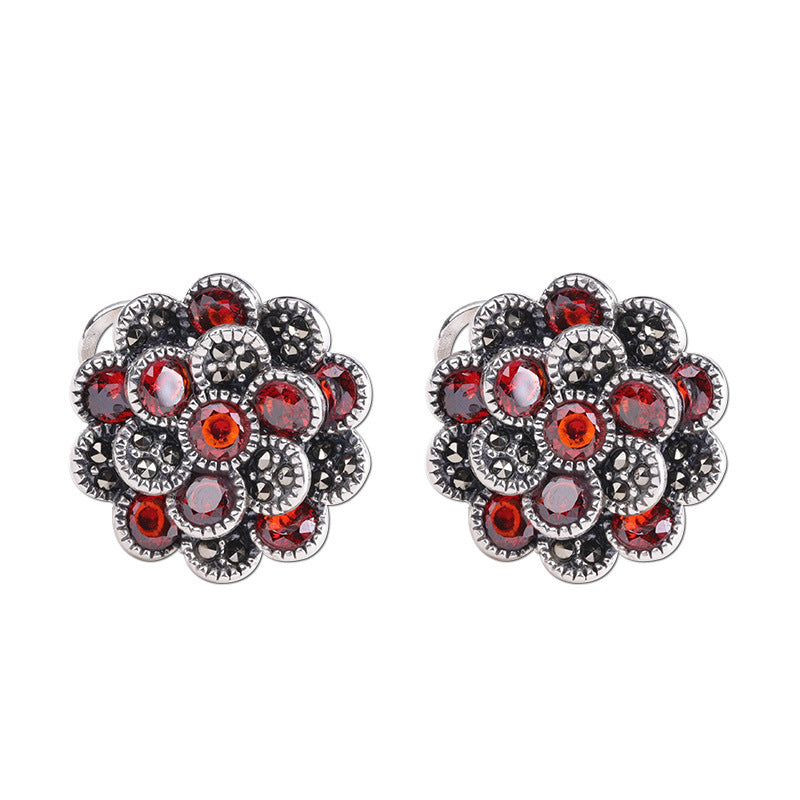Red Zircon Marcasite Flower Earrings