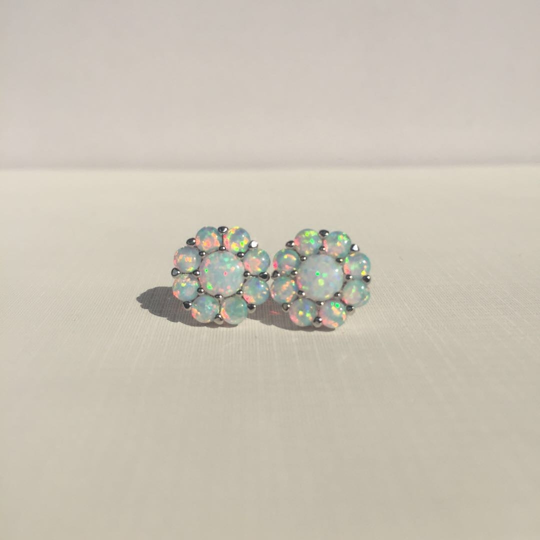 Silver White Fire Opal Flower Stud Earrings