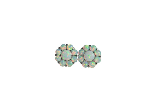 Silver White Fire Opal Flower Stud Earrings