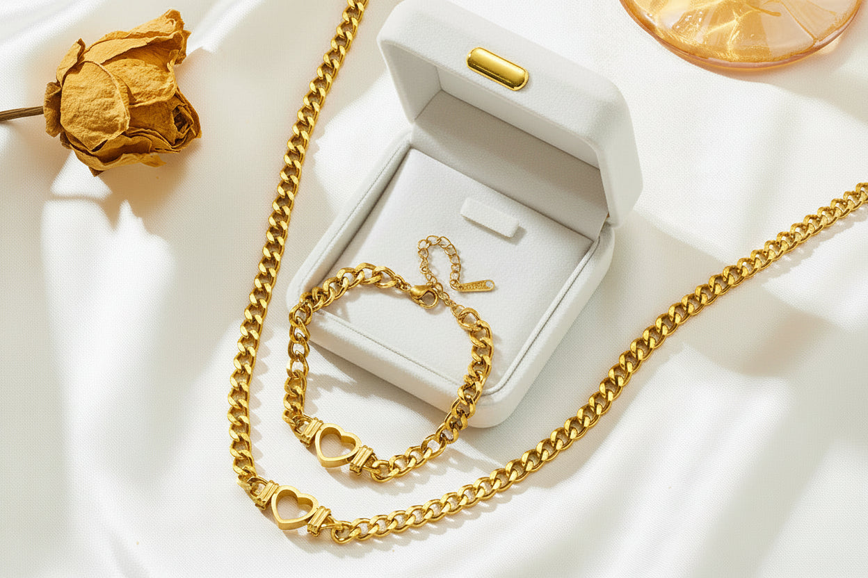 18K Cuban Link Chain Open Heart Set