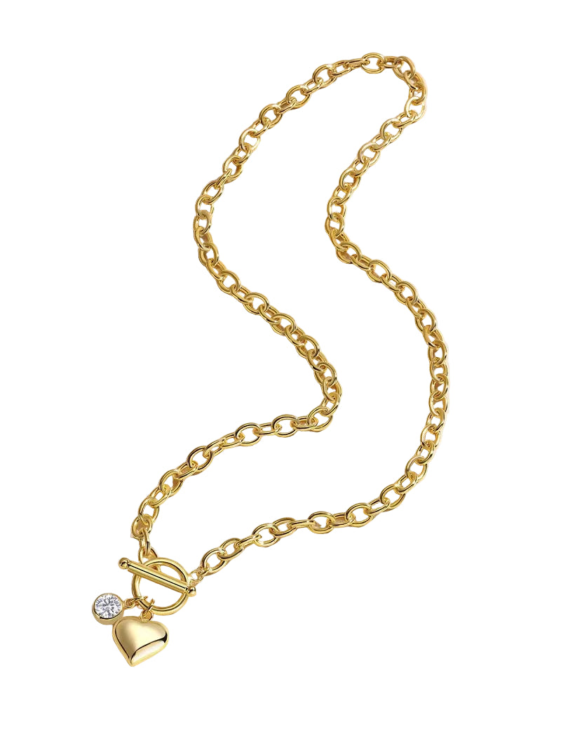 24K Gold Moissanite Heart Toggle Clasp Chunky Link Necklace