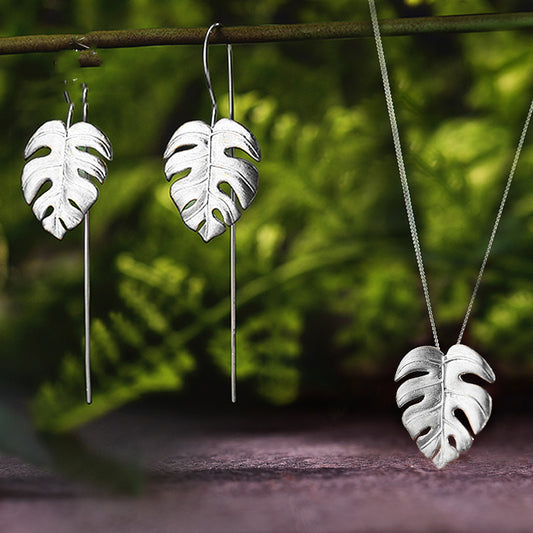 925 Silver Leaf Vintage Earrings Necklace Set