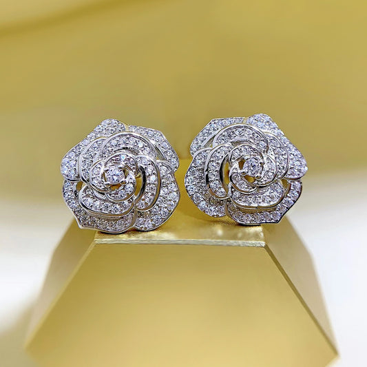 925 Silver Camellia Diamond Stud Earrings