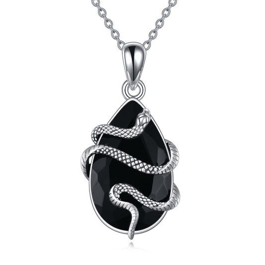 925 Silver Black Obsidian Tourmaline Crystal Snake Necklace