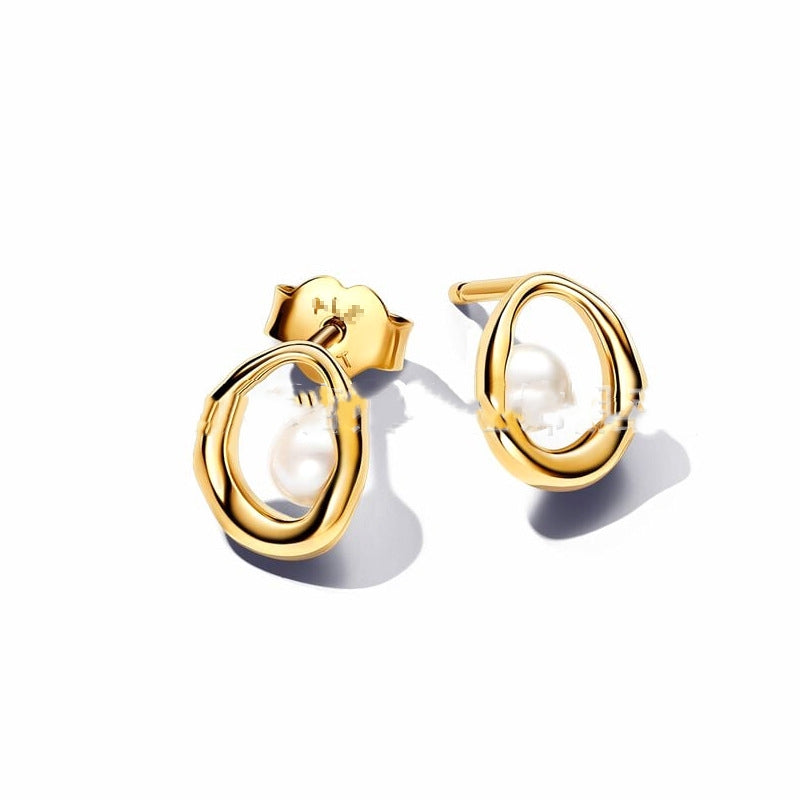 18k Organically Shaped Circle & Baroque Pearl Earrings