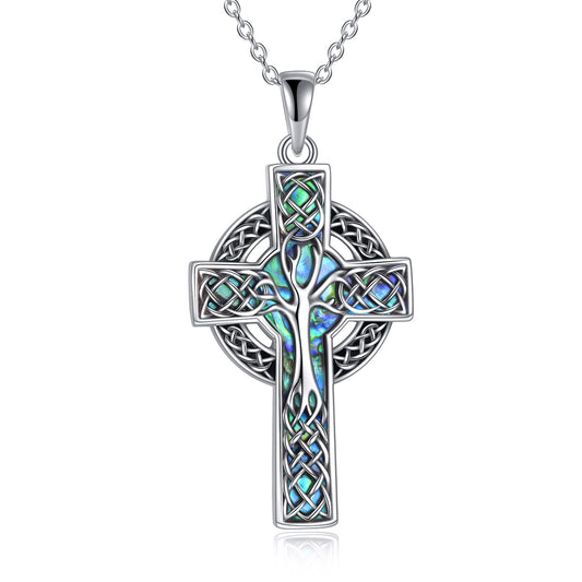 925 Sterling Silver  Necklace / Abalone Celtic Cross Pendant