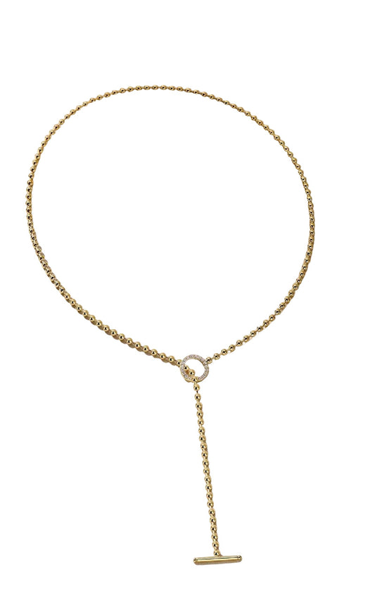 24K Ring-and-Bar (Toggle) Closure Ball Chain Lariat Necklace