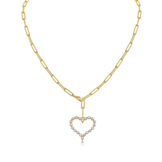 24K Gold Paperclip Moissanite Heart Necklace