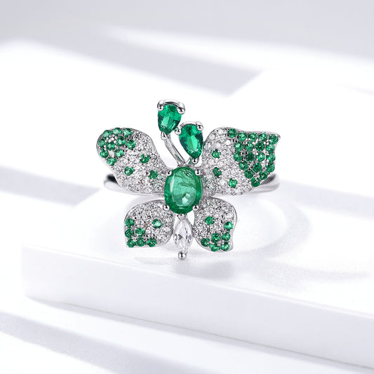 925 Silver Natural Emerald Butterfly Ring